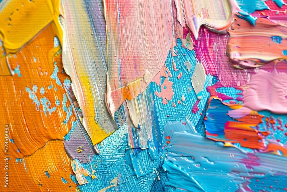 Detailed close-up of vibrant abstract oil painting with palette knife texture