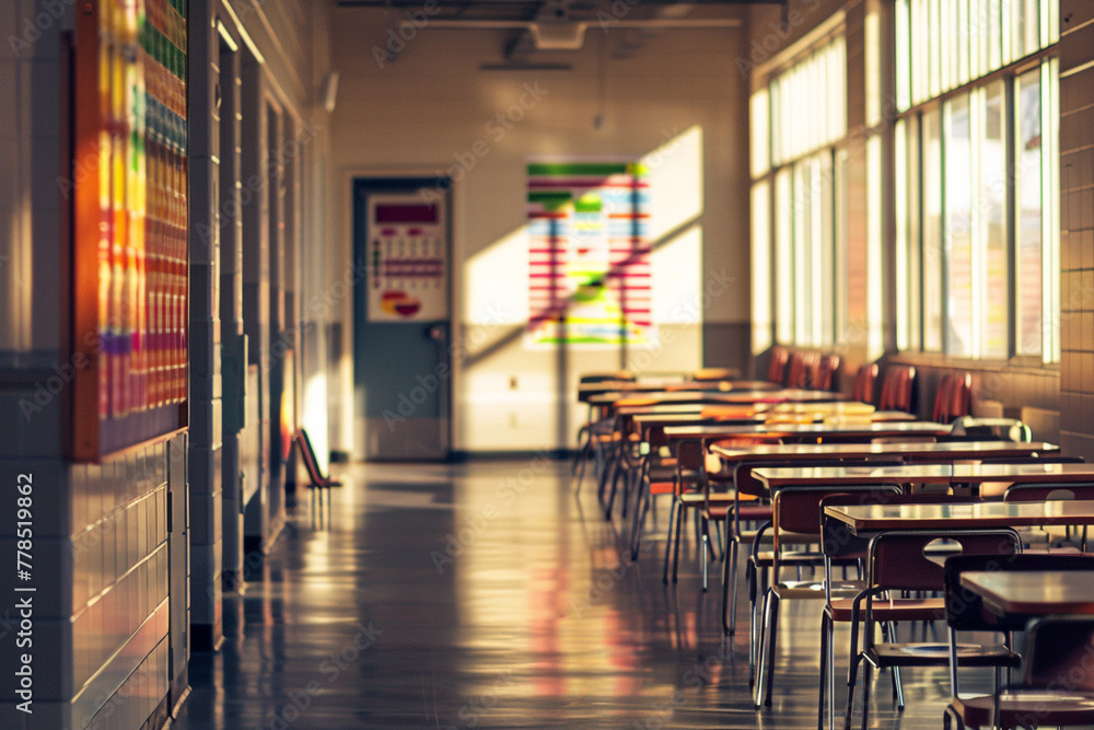A detailed view of a school cafeteria with empty tables and chairs, and a colorful nutrition chart hanging on the wall, in soft morning light.