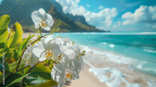 Seascape with blooming orchid on a tropical beach on the background of sea and mountains. Wallpaper. Copy space.