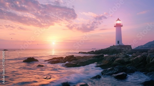 Lighthouse at sunset on the beach photo
