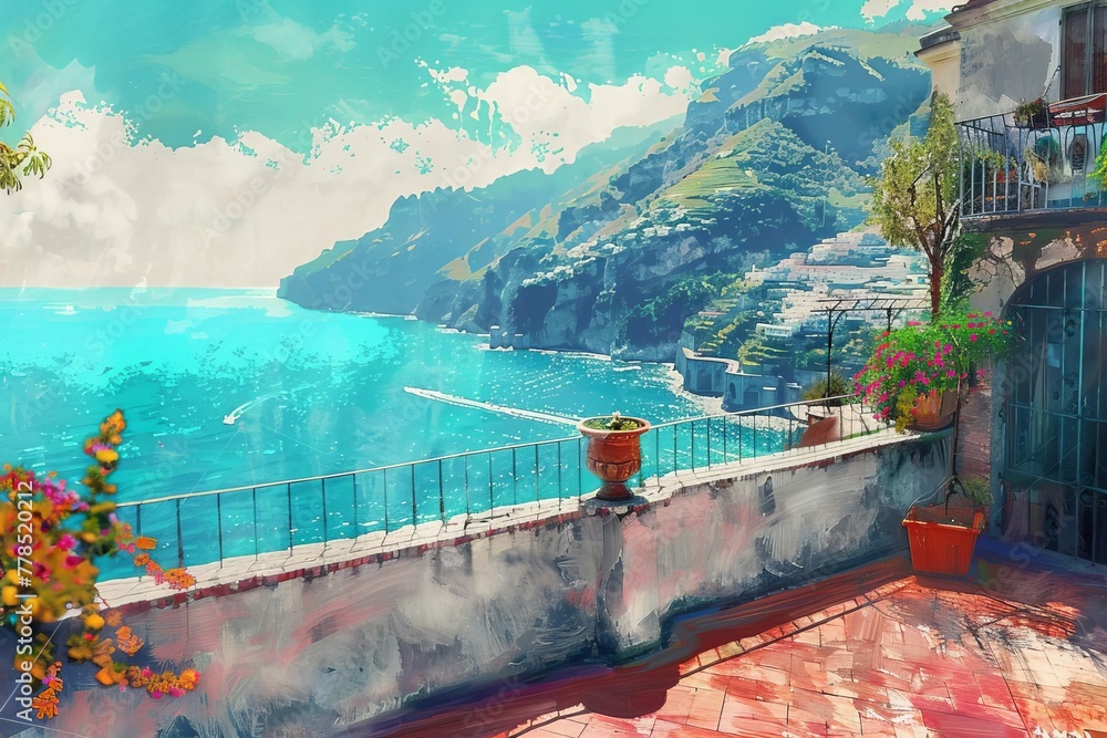 Vibrant Amalfi Coast Villa Terrace Overlooking Shimmering Mediterranean Sea, Digital Painting