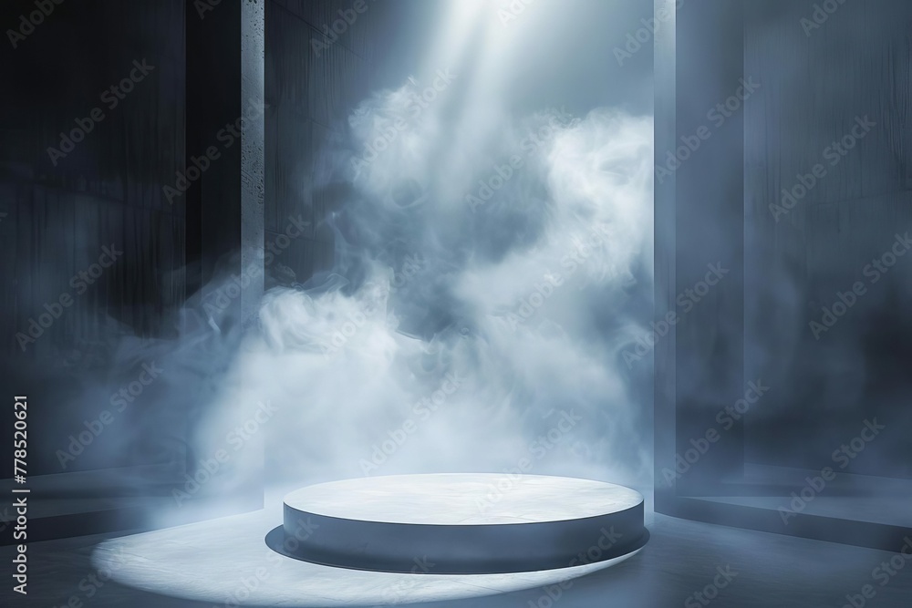 Mysterious Foggy Stage with Dramatic Lighting for Artistic Product Showcase, 3D Rendering