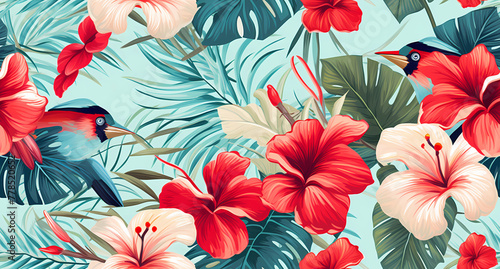 A beautiful pattern of tropical flowers and palm leaves © ginstudio