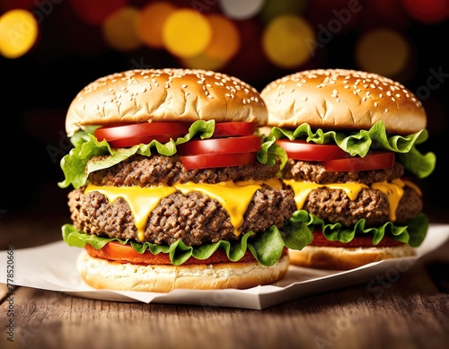 Two hamburgers on a plate with lettuce  tomato  and cheese.