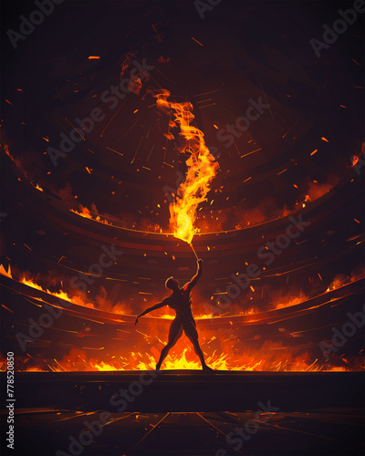 A silhouette of a man stands in the middle of the arena, holding a torch with Olympic flame in his hand.