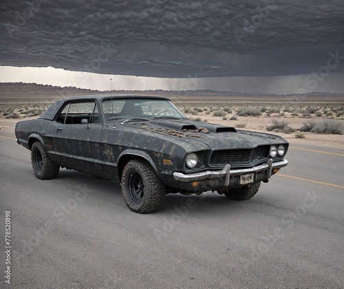 A black muscle car driving down a dirt road in the middle of nowhere.
