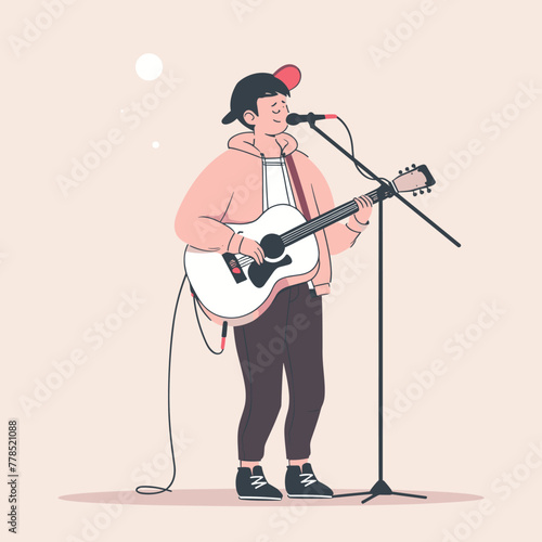 Vector illustration of a young man playing the guitar. Flat style.