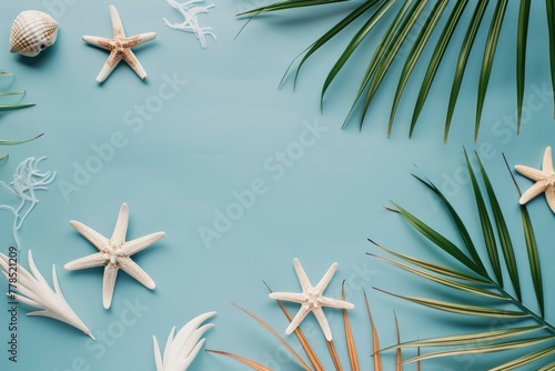 an empty design with palm leaf, and starfish on a blue background, in the style of light beige and silver, 3840x2160, stereotype photography, gemstone, animated gifs, antique subjects - generative ai © Nia™