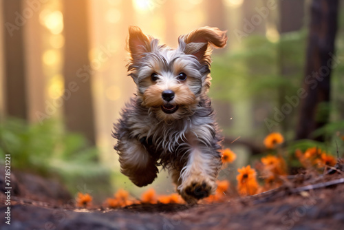 Active healthy puppy running with open mouth sticking out tongue in the forest on autumn © Canvas Alchemy