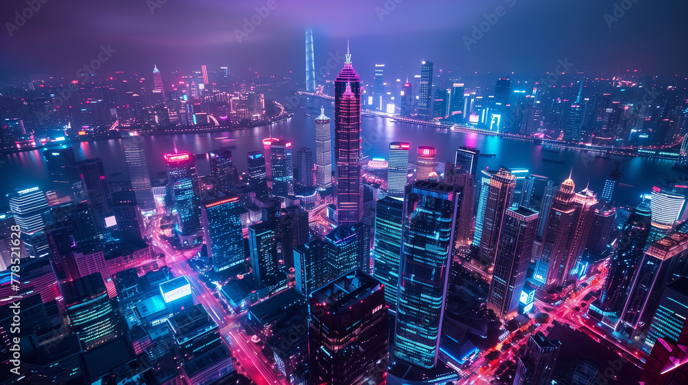 A cityscape with neon lights and a river in the background A cityscape with neon lights and a river in the background