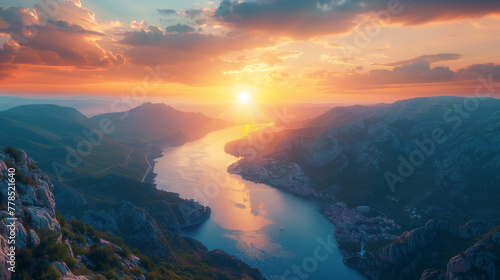 A beautiful sunset over a river with mountains in the background