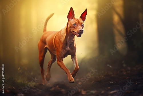 Active healthy cirneco dell'etna dog running with open mouth sticking out tongue in the forest on autumn photo