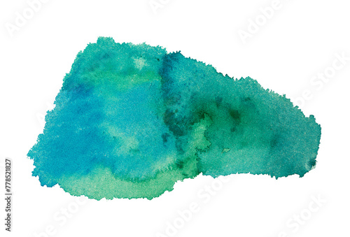 Blue green watercolor splash stain texture isolated on transparent background