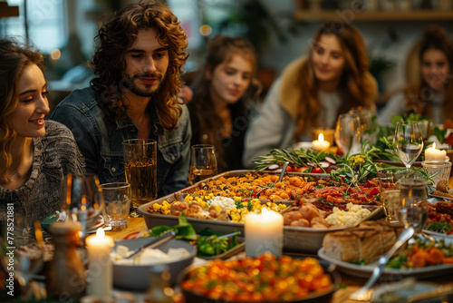 A group of friends gathers for a potluck dinner  each bringing a homemade dish to share and enjoying a feast together. Concept of communal dining. Generative Ai.