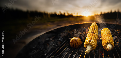 corn and onions on a wood and charcoal grill - smoke and flames char the corn kernels creating delicious colors, textures and flavors for a vegetarian bbq side item entree outdoor cooking, open fire