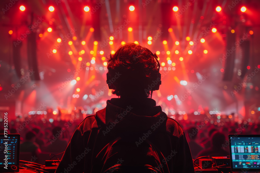 A man attends a live concert, immersing himself in the energy of the music and feeling the rhythm pulse through his veins. Concept of live music enjoyment. Generative Ai. A man attends a live concert, immersing himself in the energy of the music and feeling the rhythm pulse through his veins. Concept of live music enjoyment. Generative Ai.