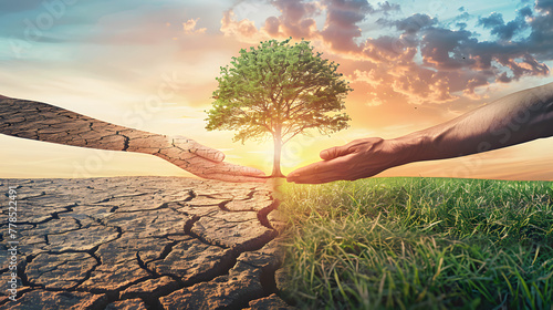 A split screen showing dry cracked land on the left and lush green grassy field with tree in middle of picture