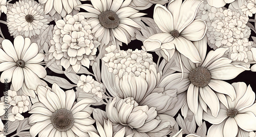 A detailed black and white drawing of various flowers