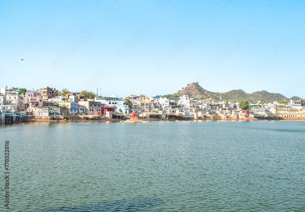 Panoramic image of Pushkar Sarovar Lake, sacred pilgrimage for Hinduism in India