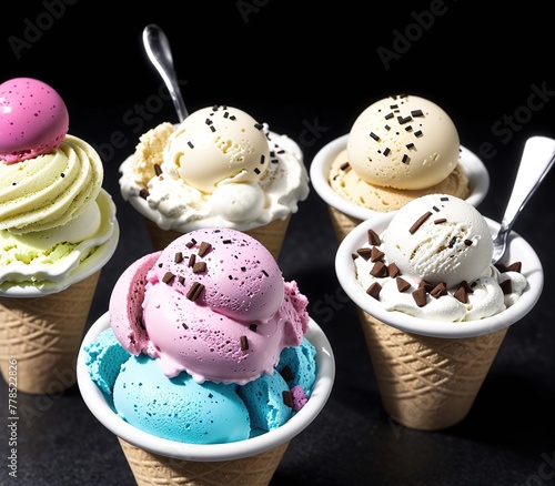 Several ice cream cones in different flavors, including chocolate, vanilla, and strawberry.