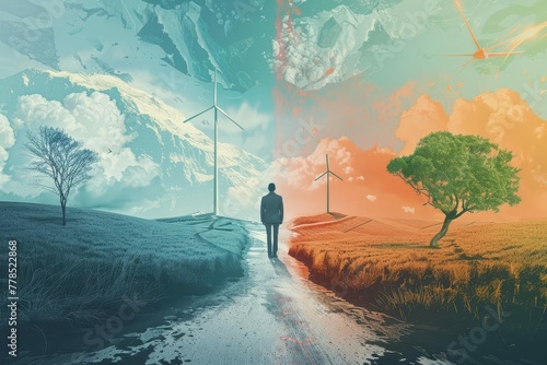 Man at crossroads deciding between two paths, environmental protection and sustainability concept, digital illustration