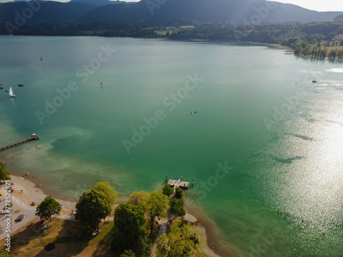 Aerial photo Lake Orta, the shore of the lake from above.