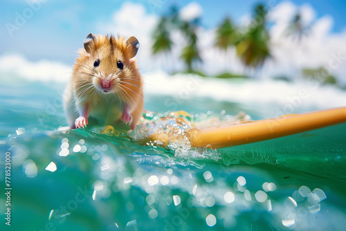 Summer vacation for pets. Adorable hamster surving on tropical beach waves. High quality photo photo