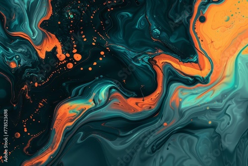 Abstract fluid art wallpaper, vibrant teal and orange colors, dynamic shapes and textures, digital background