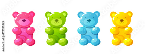Cartoon Gummy Bears jellies in different flavors isolated on a white background.
