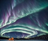 A beautiful aurora borealis display in the sky above a snowy landscape.