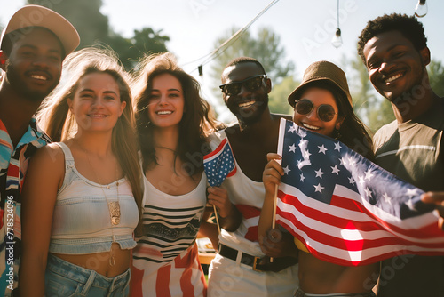 Excited happy multiracial friends different ethnicities and skin colors with American Flag at barbecue celebrating 4th July at New York Central Park at summer sunny day