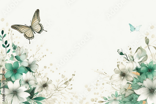 Wallpaper Mural Greeting card with flowers. Green and white background with flowers and butterflies Torontodigital.ca