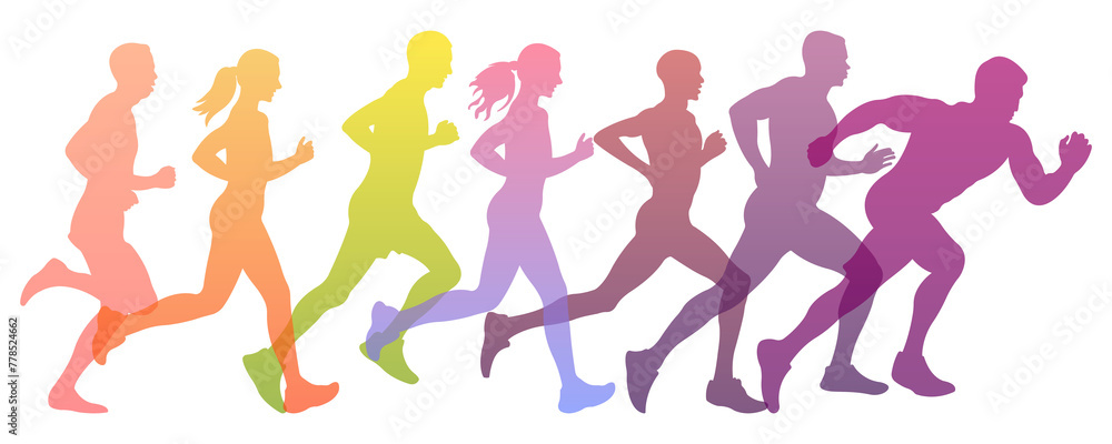 Colorful silhouettes of running people.Marathon concept.Side view.Illustration of running men and women.PNG