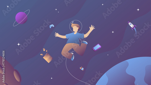 vector illustration of a person floating in space with several items such as a game controller, drink, potato chips, smartphone