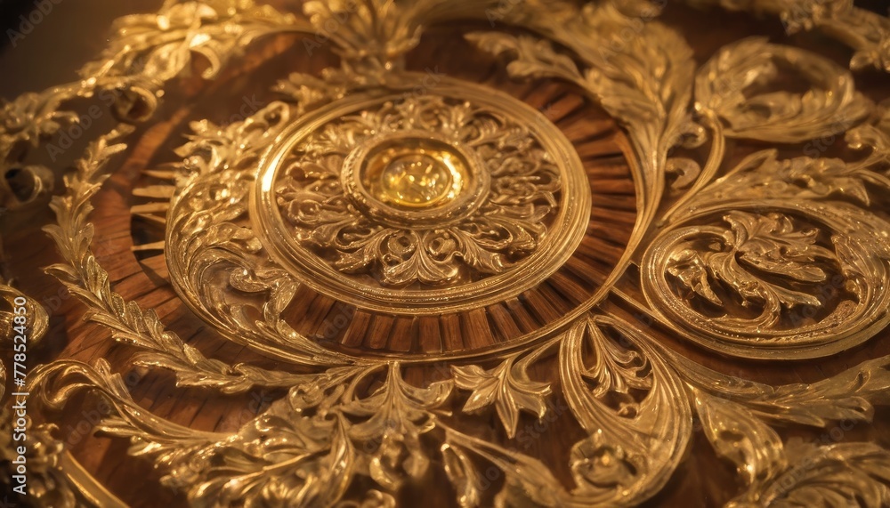 Exquisite close-up of ornate gilded wood carving, showcasing intricate details and the luxurious texture of golden craftsmanship.