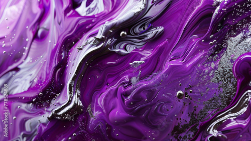 A luxurious abstract fluid ink background with royal purple and silver splashes, 
