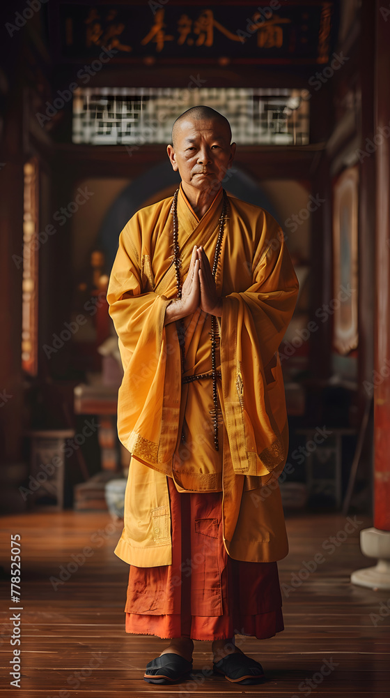 Picture a 50-year-old Chinese monk standing gracefully in a famous temple. His face and facial features are slightly plump