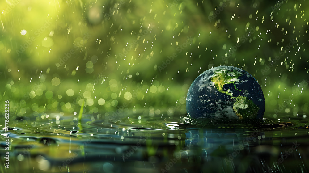 The earth planet under rain on a green background The earth planet under rain on a green background