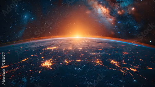 The background image shows the earth from space with stars and the milky way in the background of the night sky. City lights are visible on half of the planet