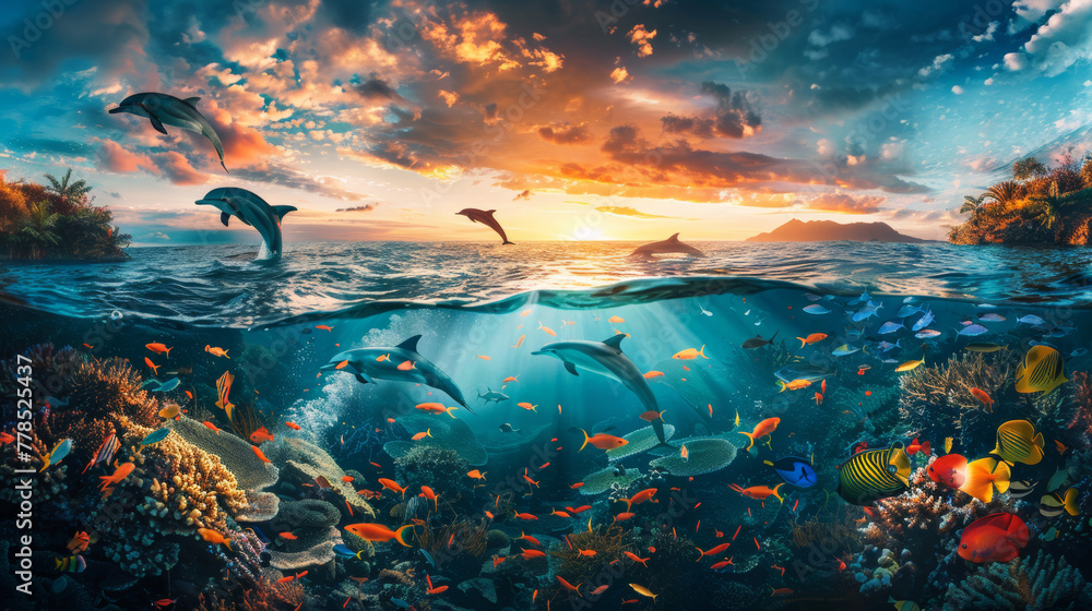 Delphine und bunte Fische, Unterwasser in der goldenen Stunde