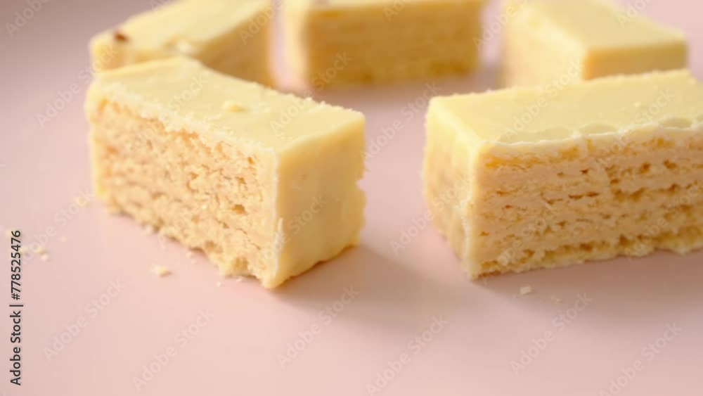 White chocolate wafers on pink plate rotating 360 degrees White chocolate wafers on pink plate rotating 360 degrees