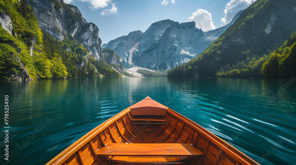A small boat is floating on a lake with mountains in the background