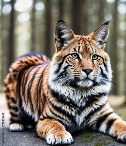 A tiger lying on the ground  looking up at the camera.