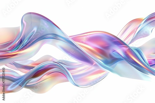 Iridescent metallic wave lines on white background, abstract shape illustration