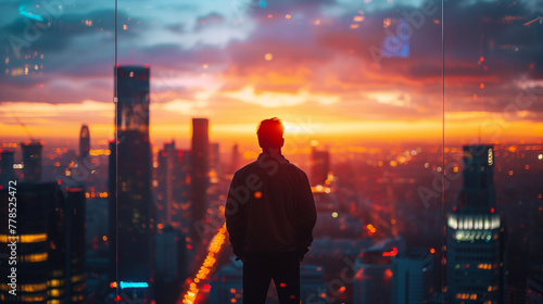 A man stands in front of a city skyline at sunset