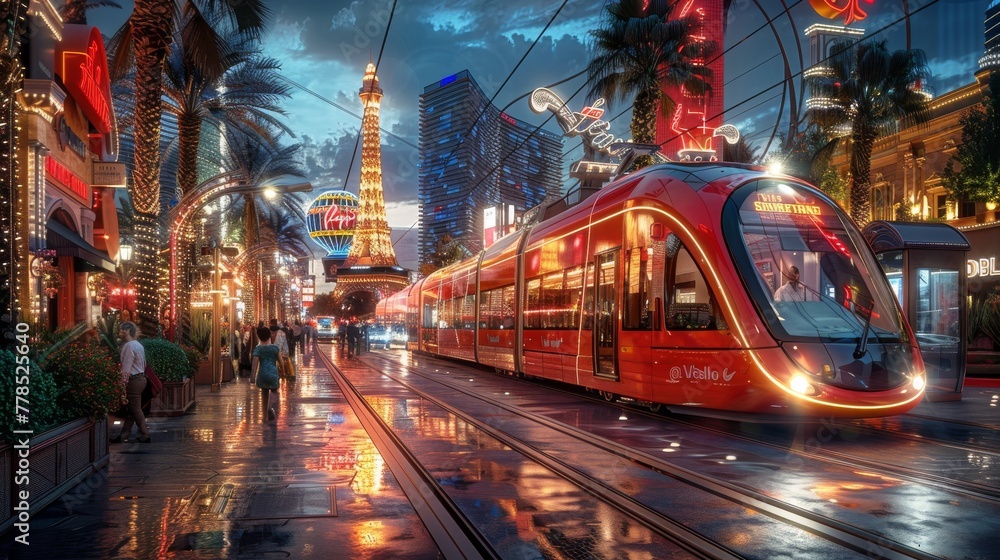 A cinematic portrayal of a sleek futuristic train zipping through a rainy, neon-lit cityscape, evoking a sense of advanced urban transport