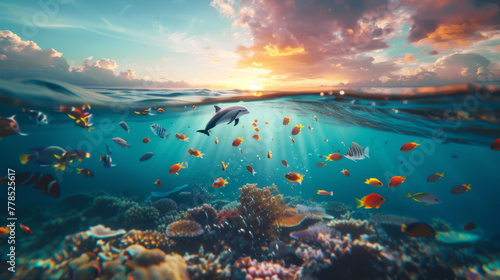 Delphine und bunte Fische, Unterwasser in der goldenen Stunde photo