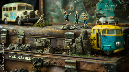 WANDERLUST assembled from miniature figurines and souvenirs from around the world on a vintage leather suitcase