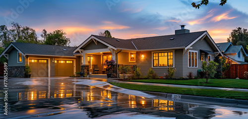 The quietude of dusk surrounding a sage Craftsman style house, suburban activities ceasing, the sky blending into evening colors, tranquil and reflective