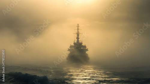 A large ship is sailing through foggy waters
